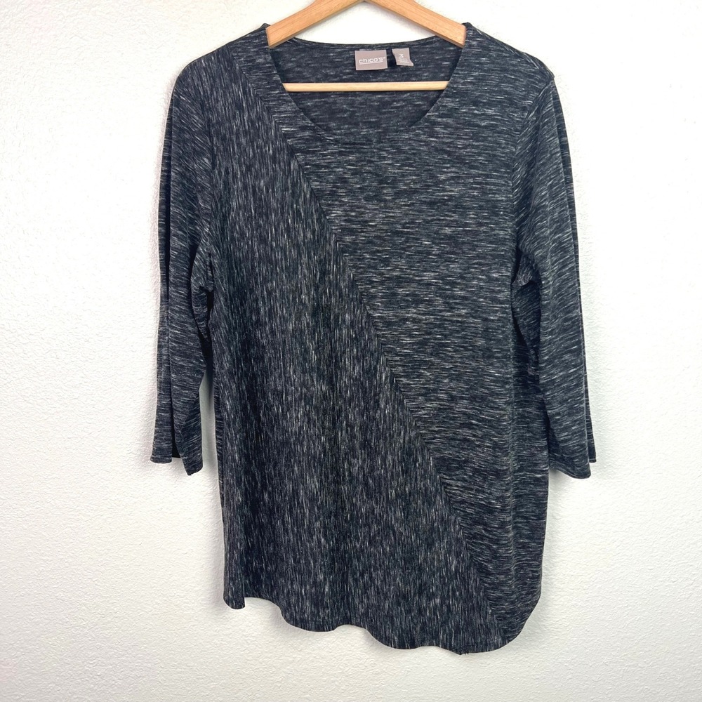 Chicos Womens Black Heathered Asymmetrical Tunic Top 3/4 Sleeve Size 3 (XL)
